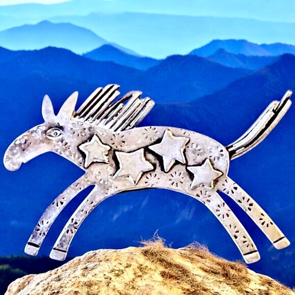 Mimi Jewelry - Artisan MIMI Sterling Silver Brooch Pin BLAZING STAR HORSE 1994 Signed